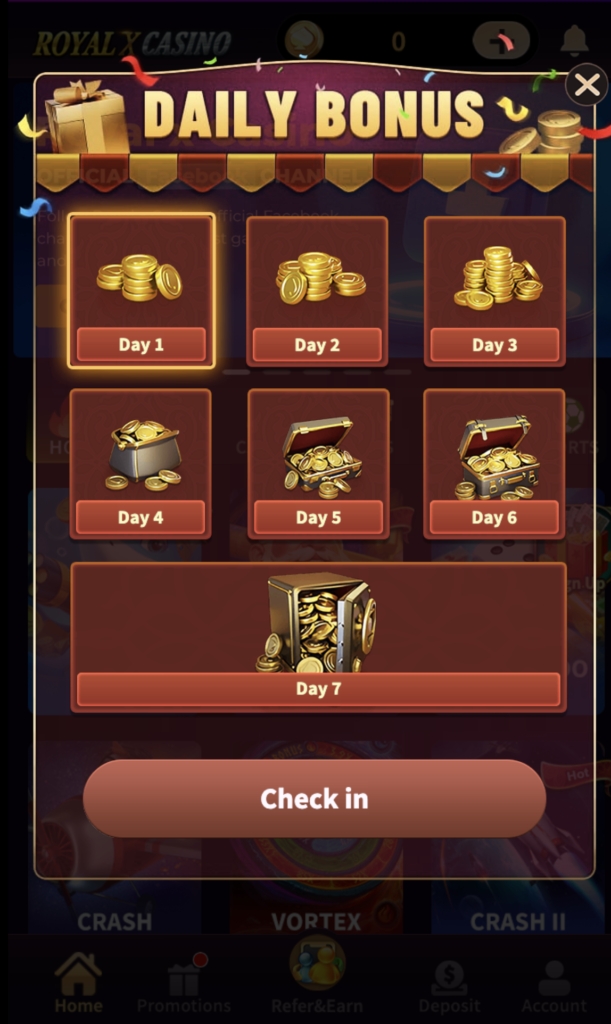 OK777 daily bonus check-in rewards system with gold coins and treasure chests