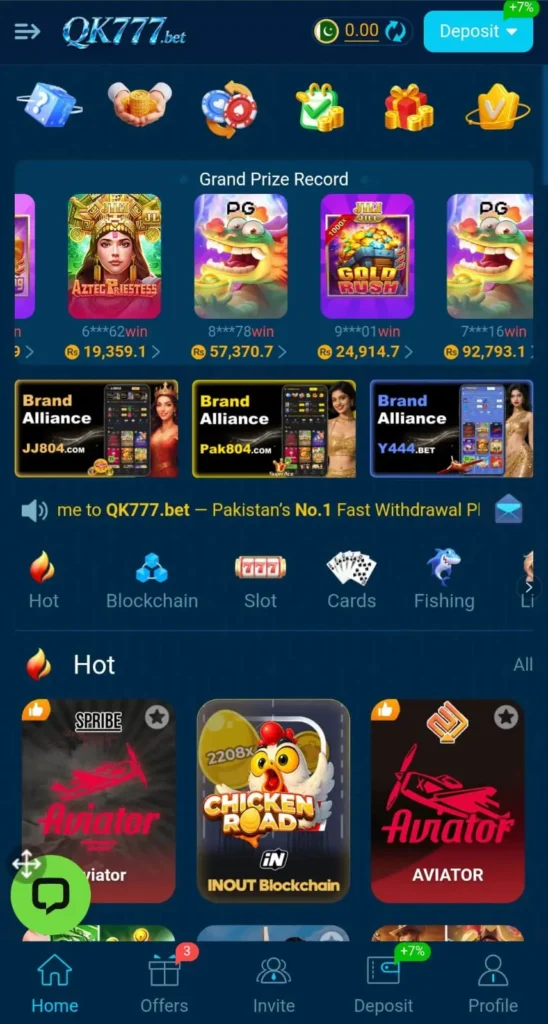 OK777 Game app interface showing slots, blockchain games, Aviator and daily bonuses